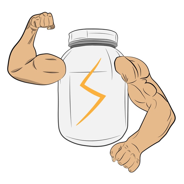 eiwit macht energie pot met spier handen vector tekening illustratie - Vector, afbeelding