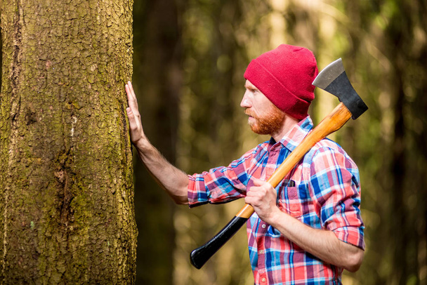 Zorg bebaarde boswachter met topping raakt boomschors - Foto, afbeelding