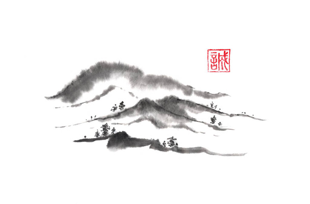 Japanese style sumi-e distant hills ink painting. - Photo, image