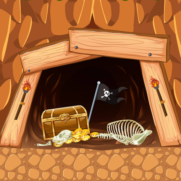 Pirate Mining Cave Treasure and Skeleton - Vector, Image