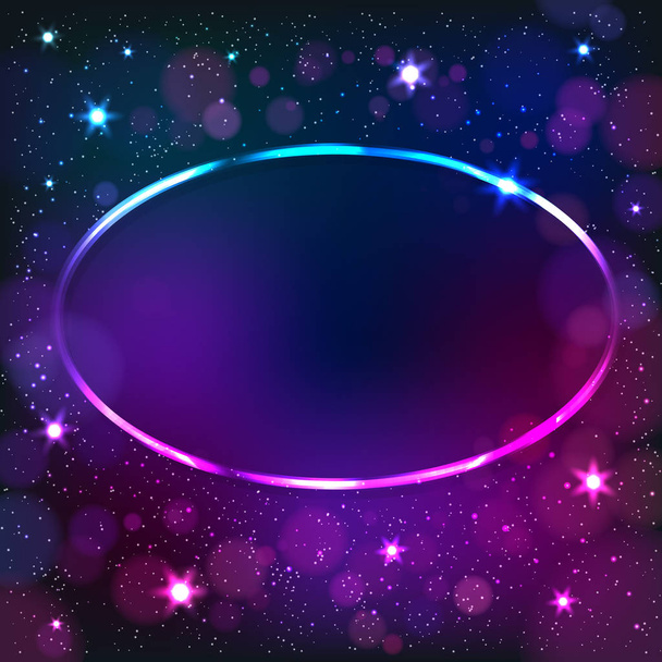 Colorful neon oval frame on a dark star background - Vector, Image