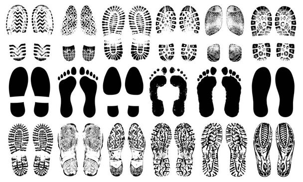 Footprints human shoes silhouette, vector set, isolated on white background. Shoe soles print. Foot print tread, boots, sneakers. Impression icon barefoot - Vector, Image