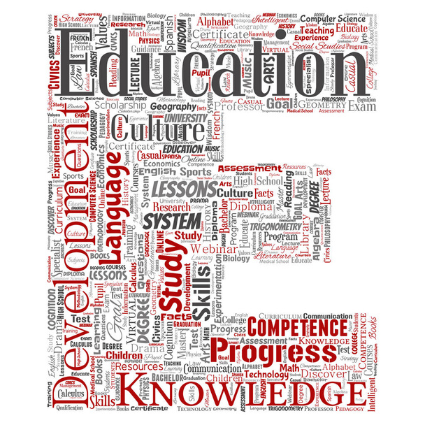 Вектор концептуальна освіта, знання, інформаційний шрифт літери Е червоне слово хмара ізольований фон. Колаж навчання, інфографіка, навчання, викладання, система, прогрес, онлайн, концепція культури
 - Вектор, зображення