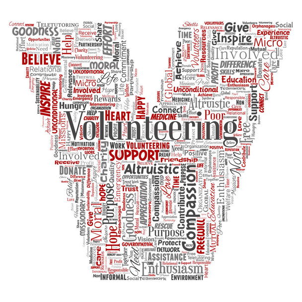 Vektor fogalmi önkéntes, jótékonysági, humanitárius levél betűtípus V piros szó felhő elszigetelt háttér. Kollázs, önzetlen, támogatás, jótékonysági, non-profit, jóság, összetartozás, amely fogalom - Vektor, kép
