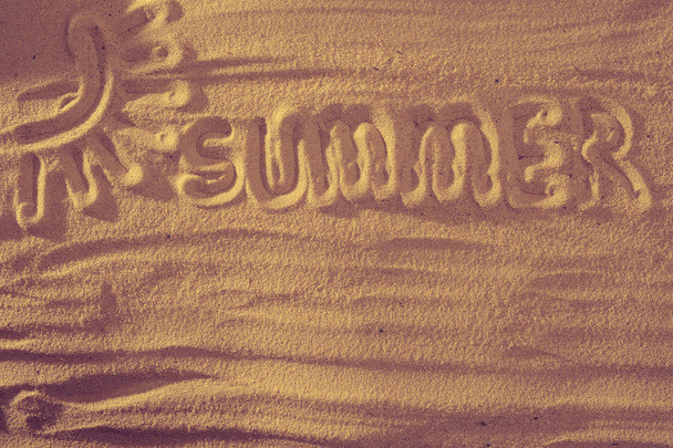 Sun on sand on beach holiday background sign concept, text summer - Foto, Imagem