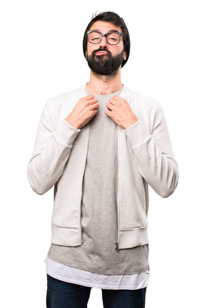 Hipster man proud of himself on white background - Photo, Image