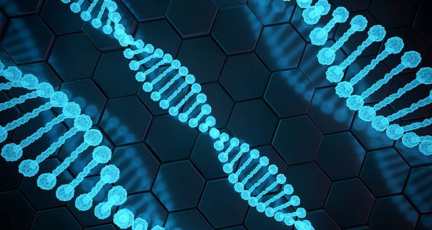 Strutture dettagliate astratte del DNA umano su sfondo esagonale. 3D
 - Foto, immagini