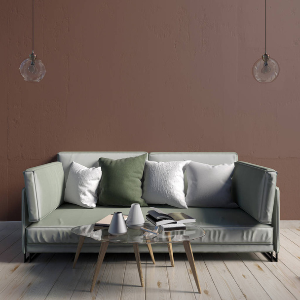 コーヒー テーブルとソファのモダンなインテリア。壁を模擬。3 d の病気 - 写真・画像