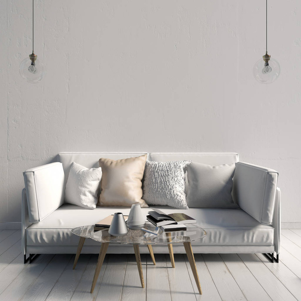 Interior moderno con mesa de centro y sofá. La pared se burla. 3d enfermo
 - Foto, imagen