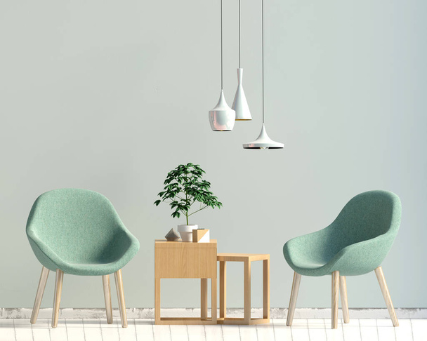 コーヒー テーブルと椅子とモダンなインテリア。壁を模擬。3 d イリノイ - 写真・画像