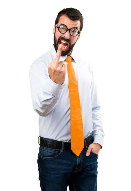 Funny man with glasses making horn gesture - Foto, Imagen