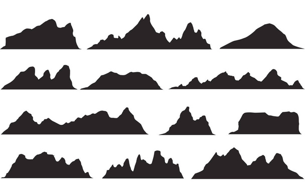 Conjunto de siluetas de montaña en blanco y negro.Frontera de fondo de montañas rocosas
. - Vector, imagen