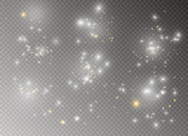 Белые искры и золотые звезды блестят особым светом. Векторные блики на прозрачном фоне. Рождественская абстракция
 - Вектор,изображение