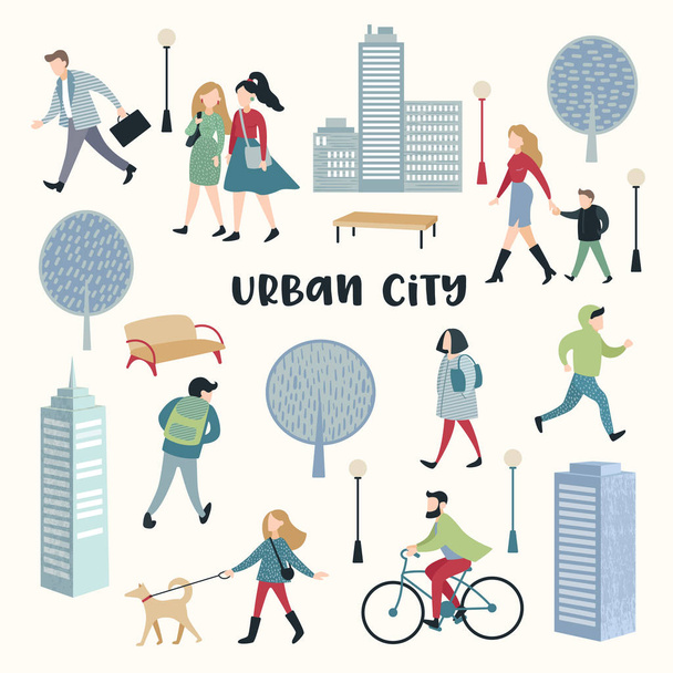 Az emberek az utcán. Városi építészet. A család, a gyermekek, a futó és kerékpár lovas karakterek megadása Vektoros illusztráció - Vektor, kép