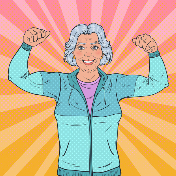 Pop Art Smiling Senior Mature Woman Showing Muscles. Un estilo de vida saludable. Feliz abuela fuerte. Ilustración vectorial
 - Vector, imagen