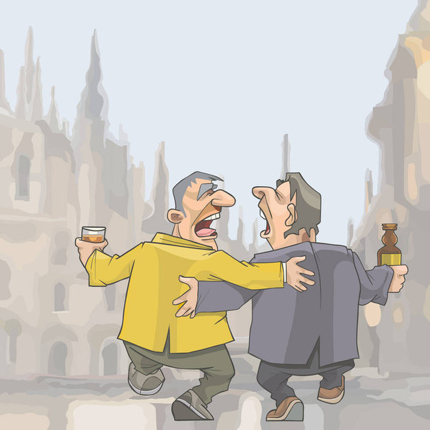 dva muži opilý zpěv kresleného chodit po městě - Vektor, obrázek