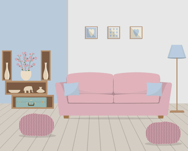 Καθιστικό σε στυλ ρετρό. Υπάρχει ένα ροζ καναπές με μπλε μαξιλάρια, πλεκτά πουφ, ένα φωτιστικό, ράφια με εγχώριο ντεκόρ στην εικόνα. Υπάρχουν επίσης εικόνες στον τοίχο. Εικονογράφηση διάνυσμα - Διάνυσμα, εικόνα