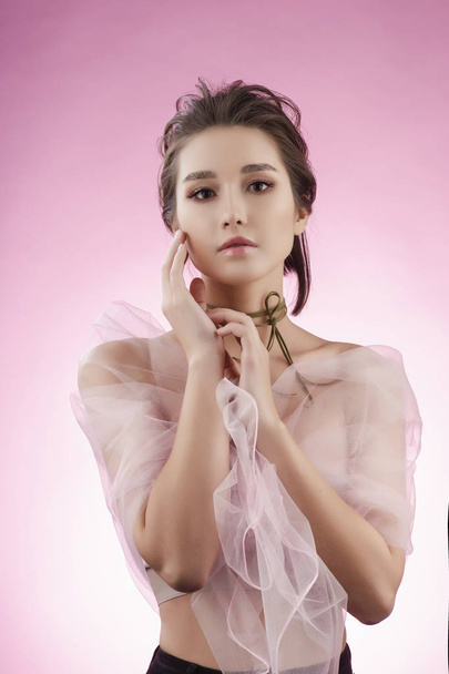 Beautiful charming young big breast asian girl wearing a pink ve - Foto, Imagem