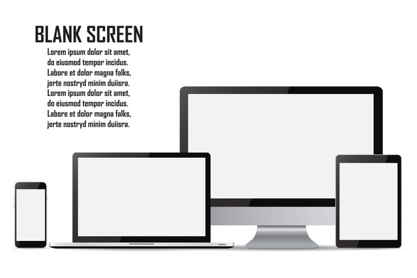 Set of blank screens. Computer monitor, laptop, tablet, smartphone - Vector, Image