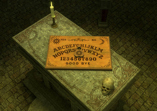 tábua Ouija em um altar com uma vela e um crânio
. - Foto, Imagem
