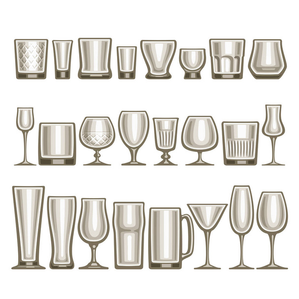 Векторный набор различной посуды, 24 пустые стеклянные чашки различной формы для алкогольных напитков и коктейлей, коллекция серых блестящих макетов икон для барного меню, прозрачная посуда на белом фоне
. - Вектор,изображение