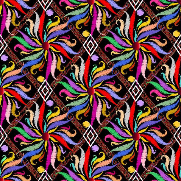 Floral colorful ethnic style embroidery seamless pattern. Bright - Вектор, зображення