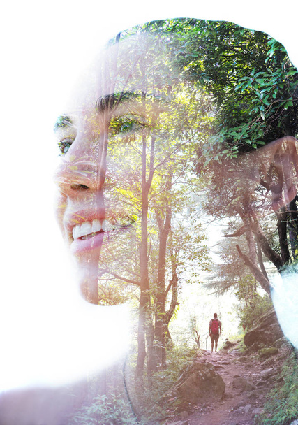 Double exposure of young natural woman and trees in sunlight - Photo, Image