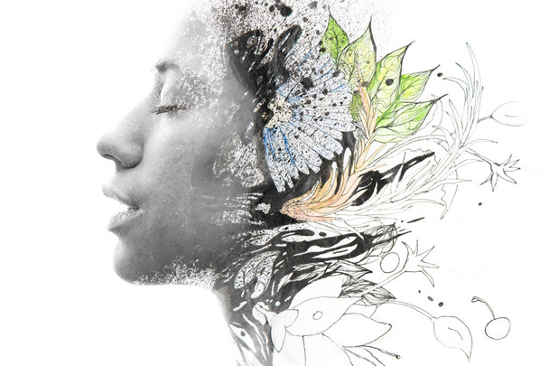 Unique double exposure of female portrait and hand drawn painting - Photo, image