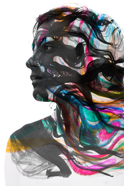 Multi exposure portrait of male face combined with hand drawn painting techniques  - Valokuva, kuva