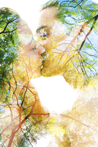 Double exposure of two blissful people with wet black hair kissing, summer love concept  - Foto, immagini