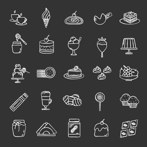 Набор икон кондитерских меловых изделий: сладости, торты, горячие напитки, десерты
 - Вектор,изображение
