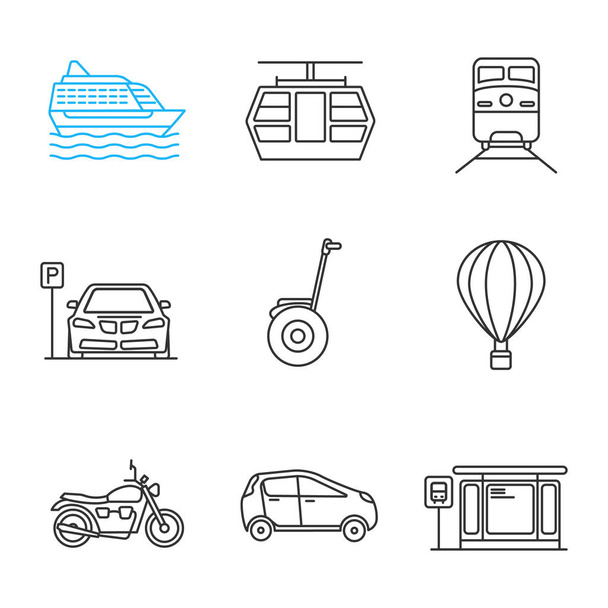 Public transport linear icons set: Cruise ship, funicular, train, parking zone, hot air balloon, motorbike, car, bus station - Vektori, kuva