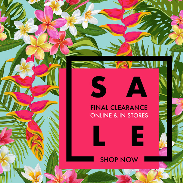 Summer Sale Tropical Banner. Seasonal Promotion with Plumeria Flowers and Palm Leaves. Floral Discount Template Design for Poster, Flyer, Gift Certificate. Vector illustration - Vetor, Imagem