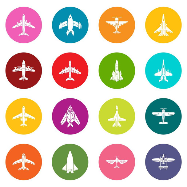 Airplane top view icons set colorful circles vector - Vector, Image