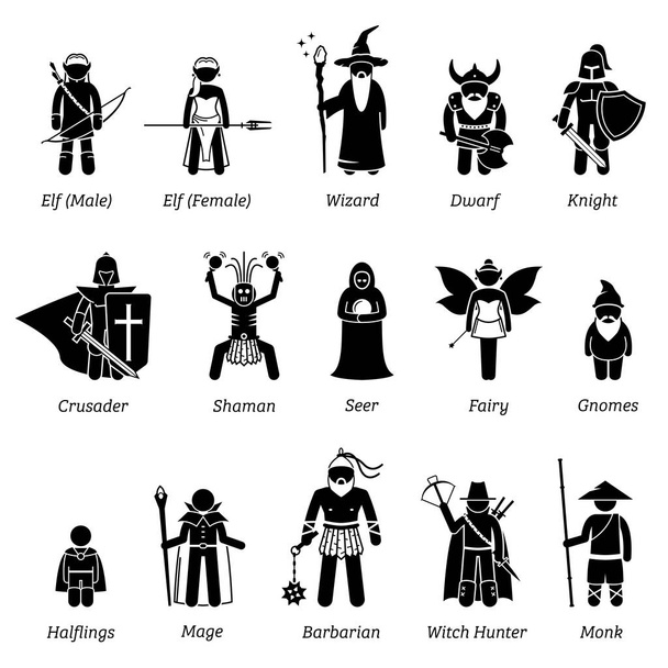 Starożytne średniowieczne klasy postaci fantasy i zestaw ikon wojowników. - Wektor, obraz