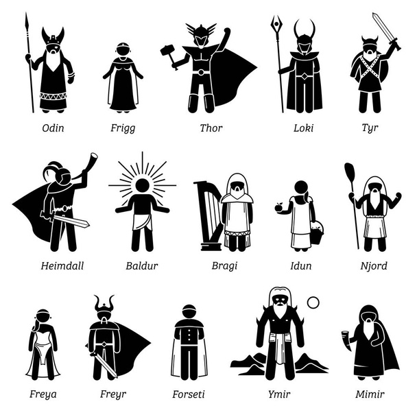 Oude Norse mythologie Goden en godinnen tekens Icon Set - Vector, afbeelding