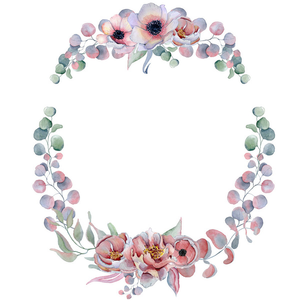 Aquarel krans frame met anemone, pioenrozen bloemen en kruiden - Foto, afbeelding