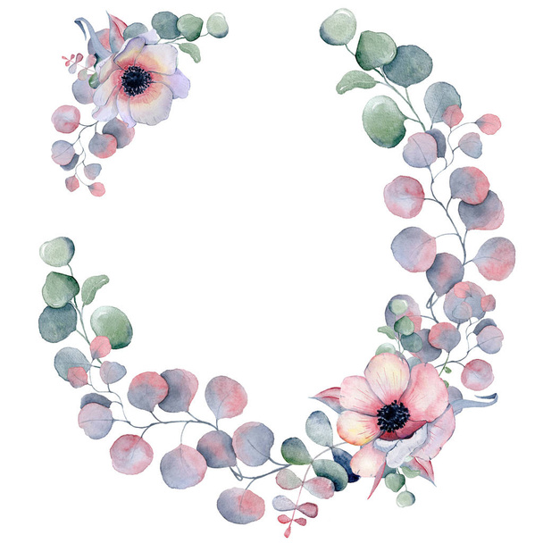 watercolor wreath frame with anemone, peonies flowers and herbs - 写真・画像
