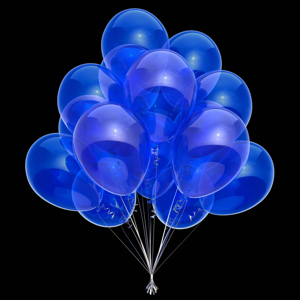 Blue party balloons glossy isolated on black background - 写真・画像
