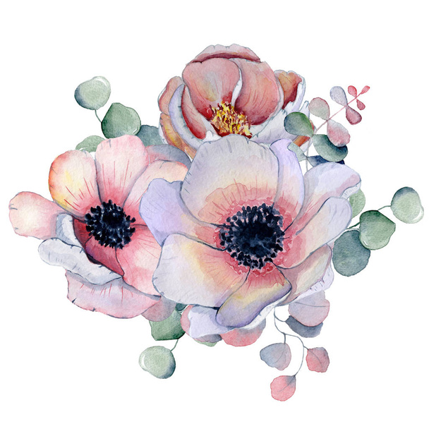 watercolor bouquet with anemone, peonies flowers and herbs - Foto, Bild