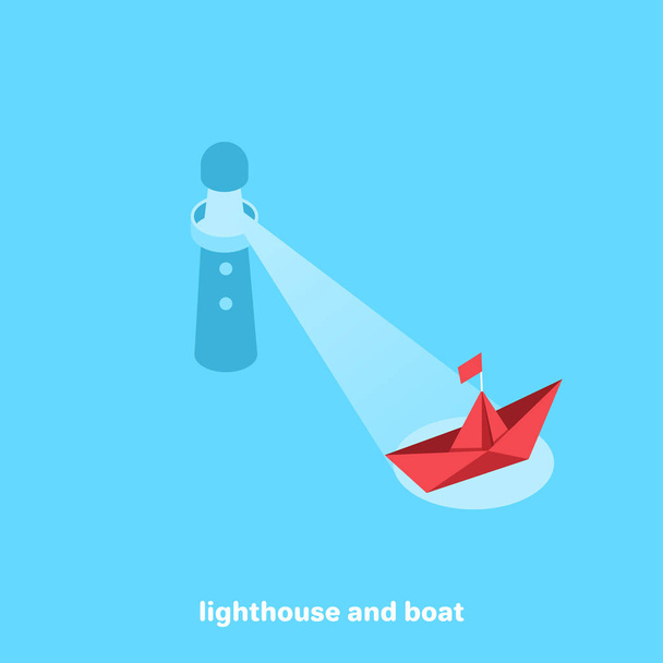 lighthouse illuminating the way the boat, isometric image - Vector, Imagen
