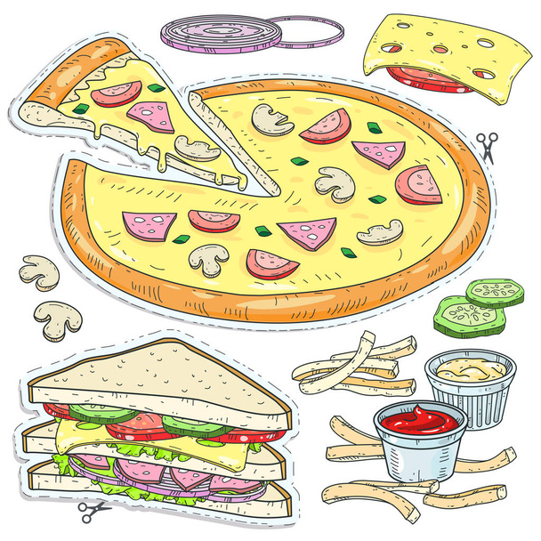 Set fast food, cut pizza, sandwich, cheese, mushrooms and sauces - Vector, Image