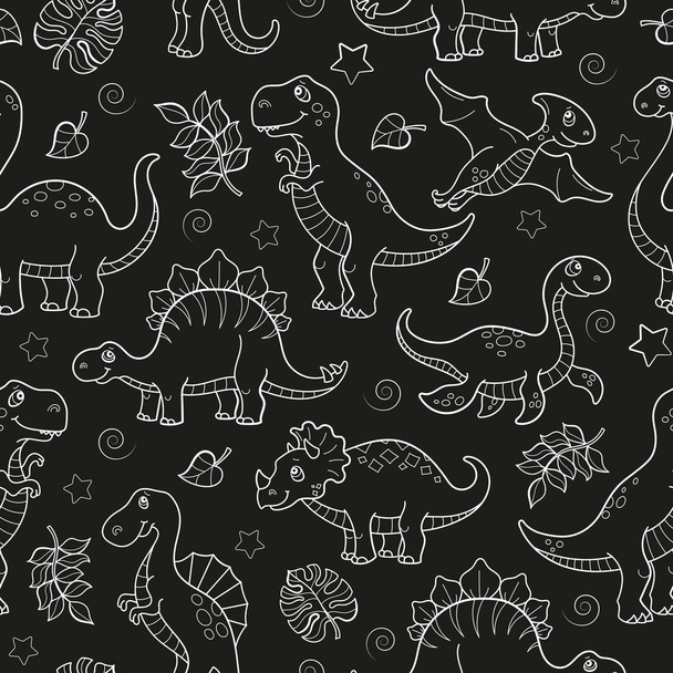 Χωρίς ραφή πρότυπο με τους δεινόσαυρους και φύλλα, ανατομικό ζώα σε σκούρο φόντο - Διάνυσμα, εικόνα