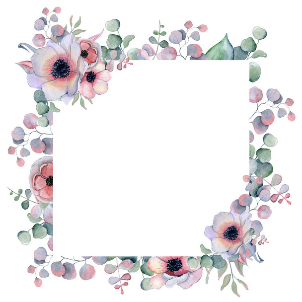 Watercolor floral frame Hand drawn arrangemen with peonies and anemone flowers - Фото, зображення