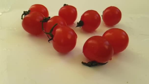 cherry tomatoes wet on white background, slow-motion shooting - Footage, Video