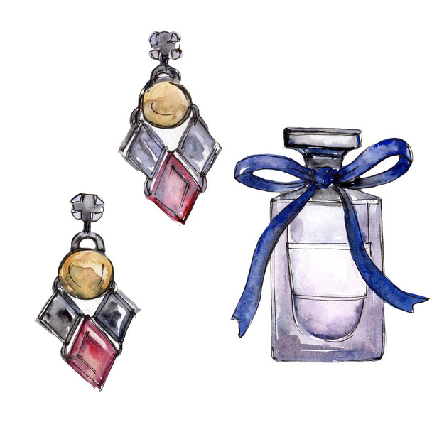 Earrings and perfume sketch fashion glamour illustration in a watercolor style isolated. - Photo, Image