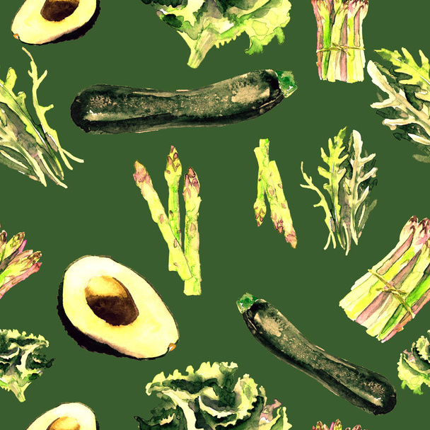 Vegetarian Seamless Pattern. Repeatable Pattern with Healthy Food. Hand Drawn Watercolor Vegetables. - Foto, imagen