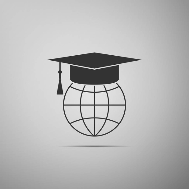 Graduiertenmütze auf Globus-Symbol isoliert auf grauem Hintergrund. Weltbildungssymbol. Online-Lernen oder E-Learning-Konzept. flache Bauweise. Vektorillustration - Vektor, Bild