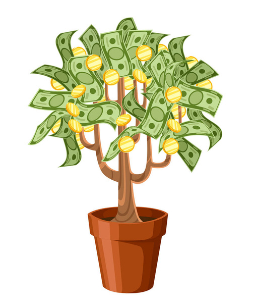 Money tree. Green cash banknotes with golden coins. Tree in a ceramic pot. Vector illustration isolated on white background. Web site page and mobile app design - Vecteur, image