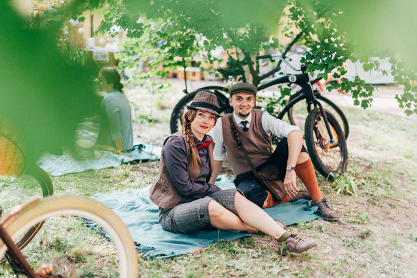 Retro cruise 2018, Ukraine KIEV, UKRAINE - MAY 13: people in vintage clothing participating in bicycle Retro cruise on MAY 13, 2018 in Kiev, Ukraine - Photo, image